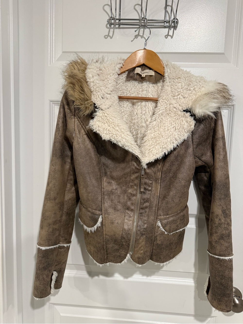 Wildflower Brown Faux Suede Sherpa Hooded Jacket Y2K Boho Size S